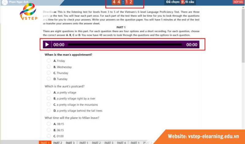 Giao diện thi VSTEP Listening trên máy tính