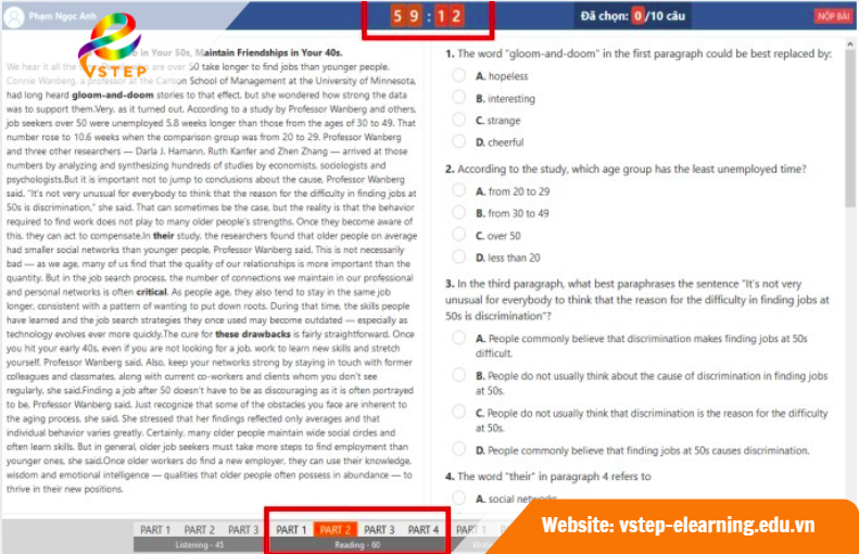 Giao diện thi VSTEP Reading trên máy tính