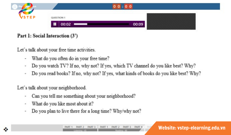 Giao diện thi VSTEP Speaking trên máy tính