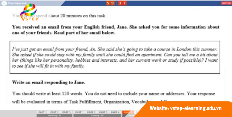 Giao diện thi VSTEP Writing trên máy tính